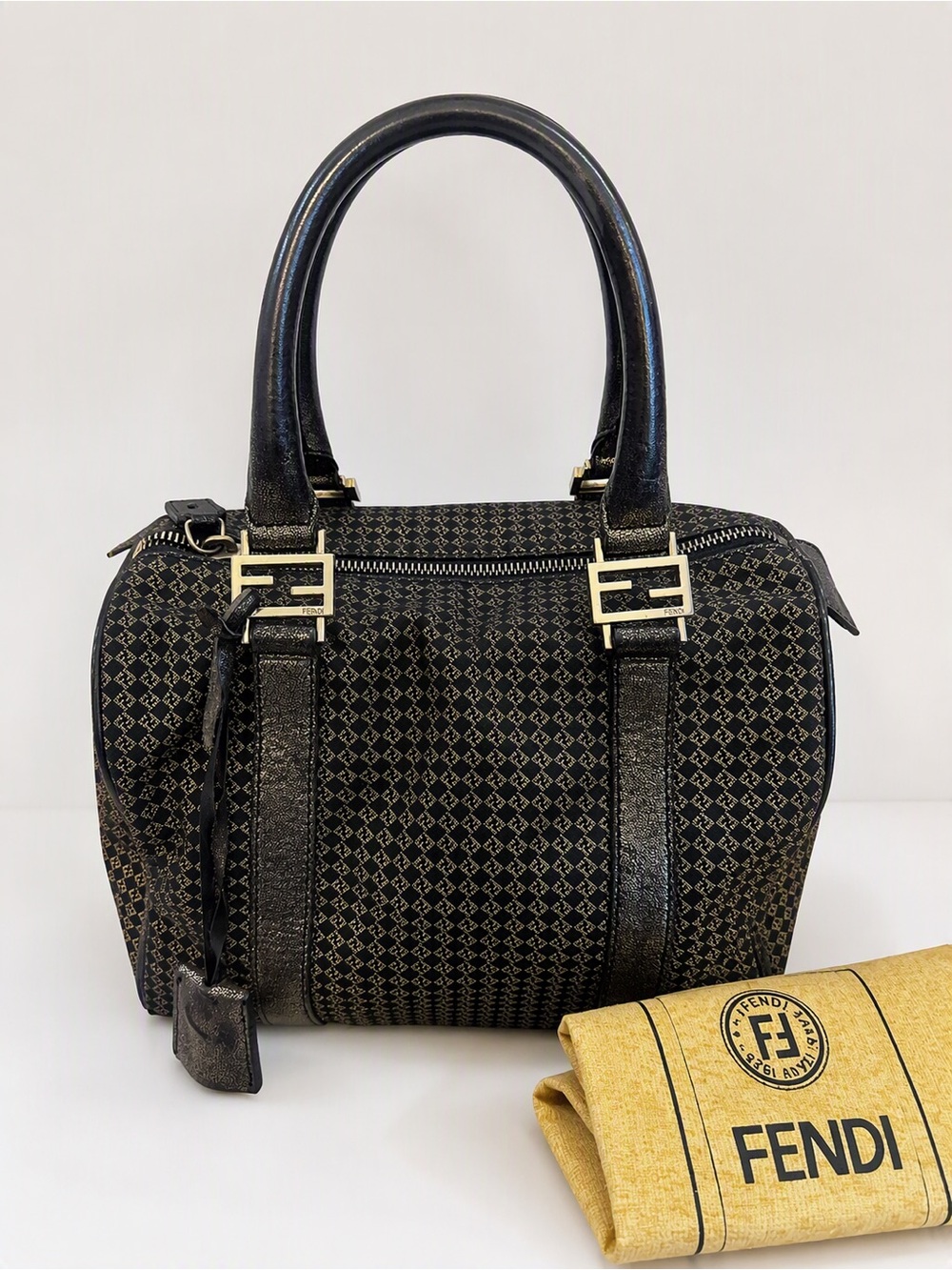 VintageFendi Black Jacquard Top-Handle Satchel with Gold Hardware
